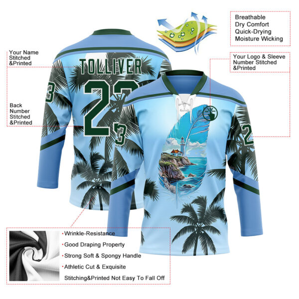 Custom Blue Green-White Gradient Hawaii Tropical Palm Trees Hockey Lace Neck Jersey