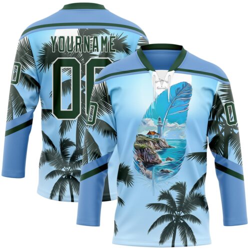 Custom Blue Green-White Gradient Hawaii Tropical Palm Trees Hockey Lace Neck Jersey