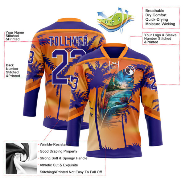 Custom Dark Purple Orange-White Gradient Hawaii Tropical Palm Trees Hockey Lace Neck Jersey