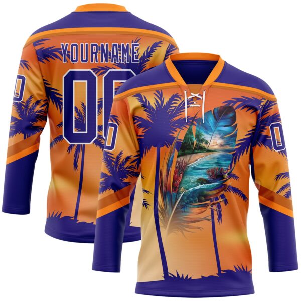 Custom Dark Purple Orange-White Gradient Hawaii Tropical Palm Trees Hockey Lace Neck Jersey