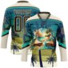 Custom Cream Olive-Blue Gradient Hawaii Tropical Palm Trees Hockey Lace Neck Jersey