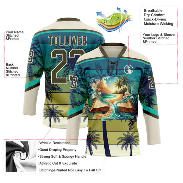 Custom Cream Olive-Blue Gradient Hawaii Tropical Palm Trees Hockey Lace Neck Jersey