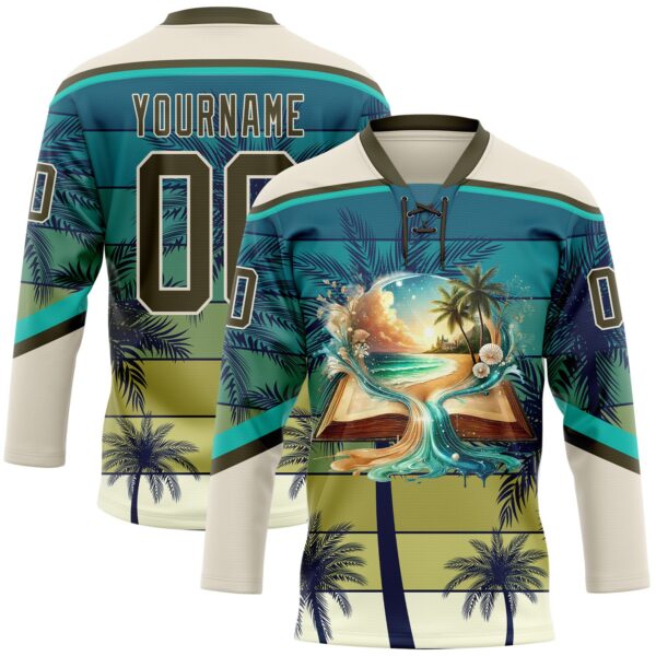Custom Cream Olive-Blue Gradient Hawaii Tropical Palm Trees Hockey Lace Neck Jersey