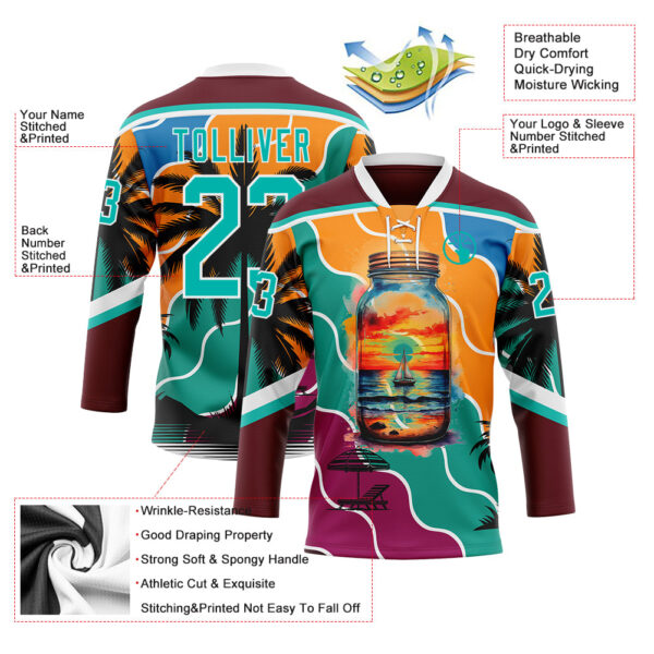Custom Burgundy Aqua Orange Blue-White Gradient Hawaii Tropical Palm Trees Hockey Lace Neck Jersey