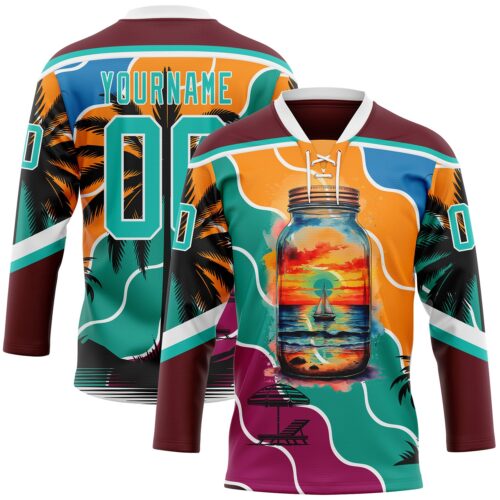 3DPattern12156_e9366e51-1010-43cb-93cf-83f5c91843f7 Custom Burgundy Aqua Orange Blue-White Gradient Hawaii Tropical Palm Trees Hockey Lace Neck Jersey