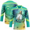Custom Aqua Neon Yellow-Pea Green Gradient Hawaii Tropical Palm Trees Hockey Lace Neck Jersey