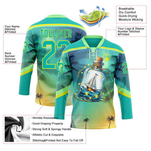 Custom Aqua Neon Yellow-Pea Green Gradient Hawaii Tropical Palm Trees Hockey Lace Neck Jersey