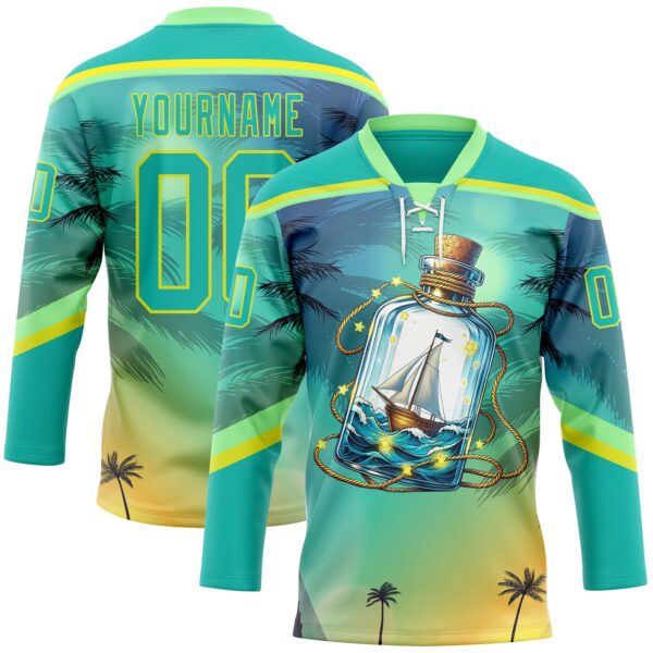 Custom Aqua Neon Yellow-Pea Green Gradient Hawaii Tropical Palm Trees Hockey Lace Neck Jersey