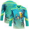 Custom Aqua Neon Yellow-Pea Green Gradient Hawaii Tropical Palm Trees Hockey Lace Neck Jersey