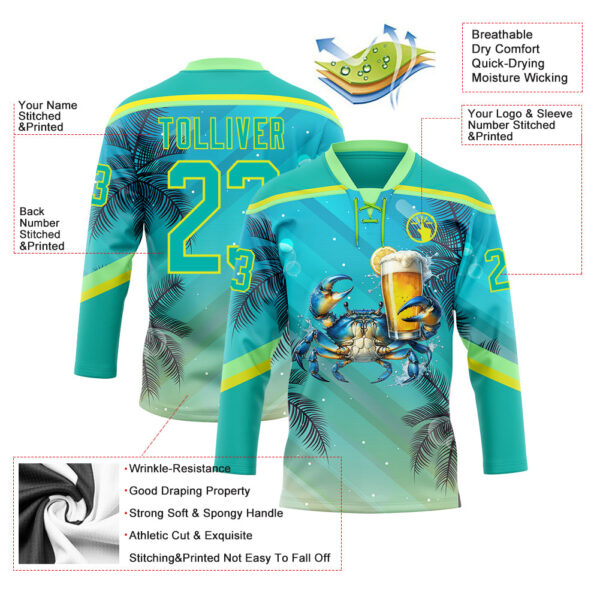 Custom Aqua Neon Yellow-Pea Green Gradient Hawaii Tropical Palm Trees Hockey Lace Neck Jersey