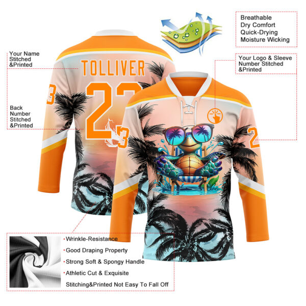 Custom Bay Orange Blue Gold-White Gradient Hawaii Tropical Palm Trees Hockey Lace Neck Jersey