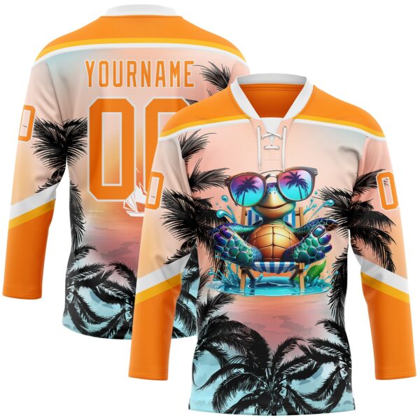 Custom Bay Orange Blue Gold-White Gradient Hawaii Tropical Palm Trees Hockey Lace Neck Jersey