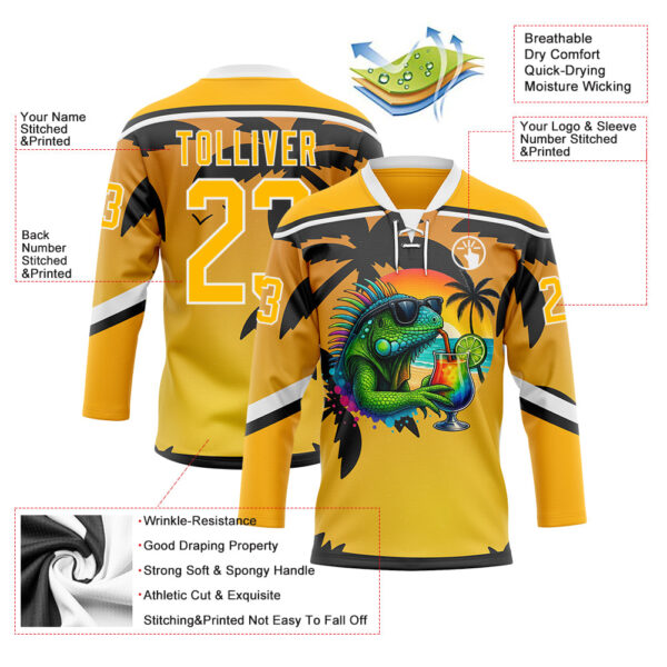 Custom Gold Black-White Gradient Hawaii Tropical Palm Trees Hockey Lace Neck Jersey
