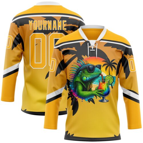 Custom Gold Black-White Gradient Hawaii Tropical Palm Trees Hockey Lace Neck Jersey