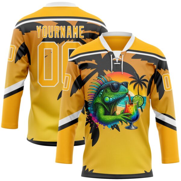 Custom Gold Black-White Gradient Hawaii Tropical Palm Trees Hockey Lace Neck Jersey
