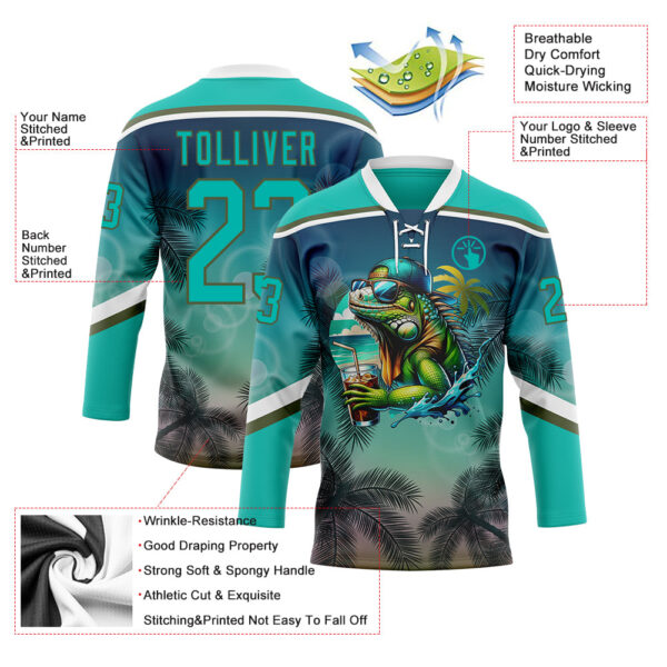 Custom Aqua Blue Olive-White Gradient Hawaii Tropical Palm Trees Hockey Lace Neck Jersey