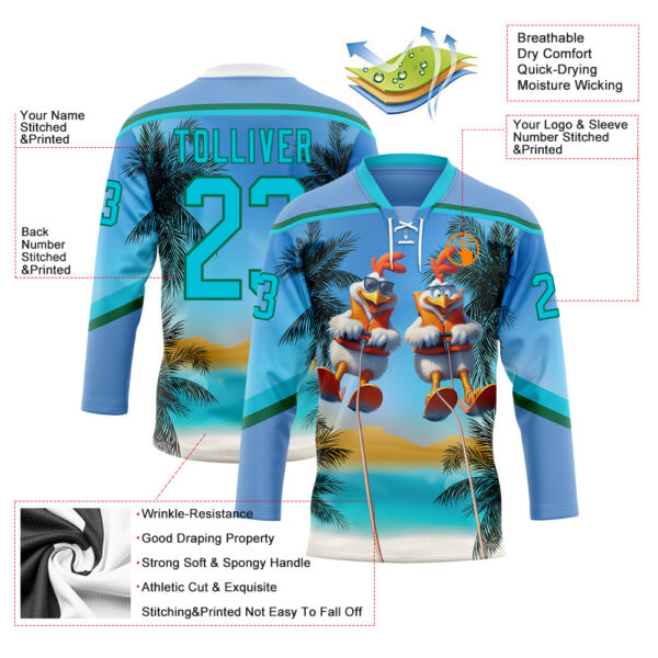 Custom Light Blue Lakes Blue-Kelly Green Gradient Hawaii Tropical Palm Trees Hockey Lace Neck Jersey