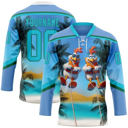 Custom Light Blue Lakes Blue-Kelly Green Gradient Hawaii Tropical Palm Trees Hockey Lace Neck Jersey