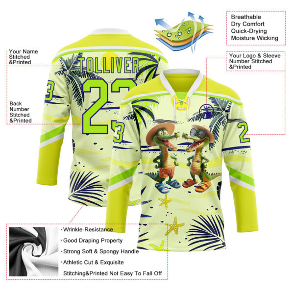 Custom Neon Yellow Neon Green Dark Purple-White Hawaii Tropical Palm Trees Hockey Lace Neck Jersey