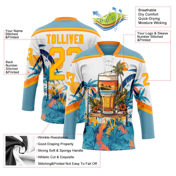 Custom Shadow Blue Gold Bay Orange-White Hawaii Tropical Palm Trees Hockey Lace Neck Jersey
