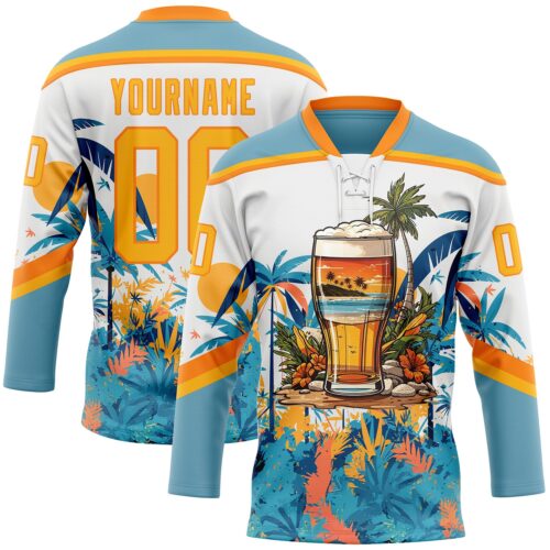 Custom Shadow Blue Gold Bay Orange-White Hawaii Tropical Palm Trees Hockey Lace Neck Jersey