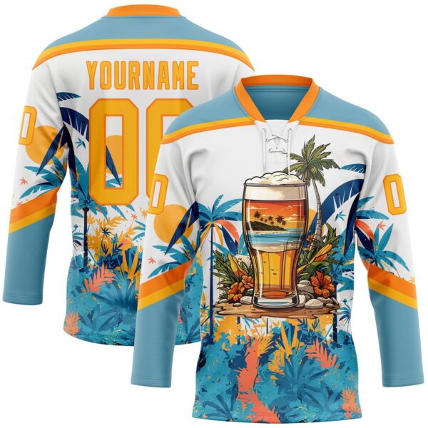Custom Shadow Blue Gold Bay Orange-White Hawaii Tropical Palm Trees Hockey Lace Neck Jersey