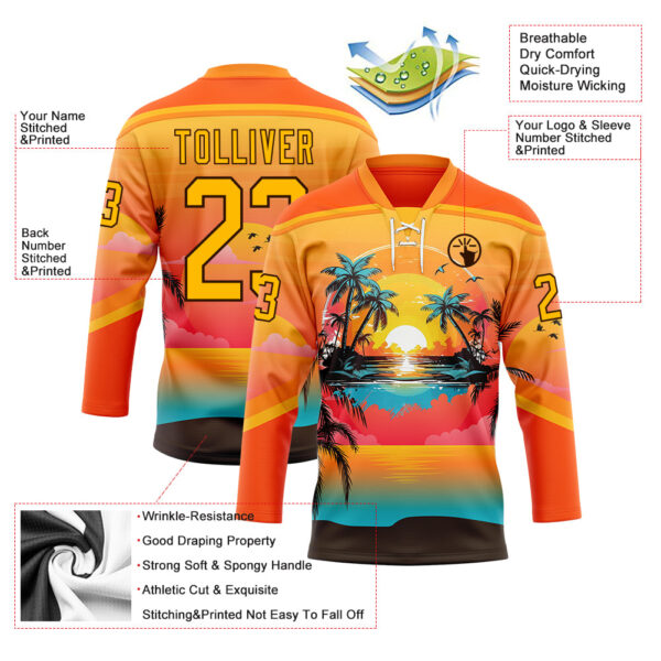 Custom Orange Gold Blue-Brown Gradient Hawaii Tropical Palm Trees Hockey Lace Neck Jersey