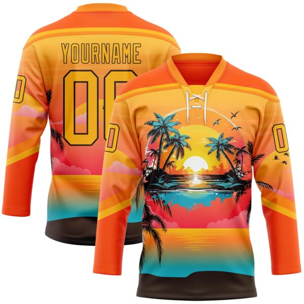Custom Orange Gold Blue-Brown Gradient Hawaii Tropical Palm Trees Hockey Lace Neck Jersey