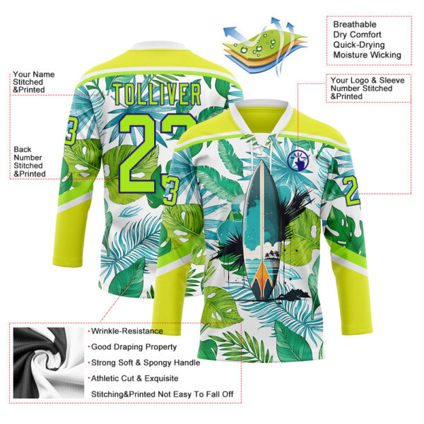 Custom Neon Yellow Neon Green Dark Purple-White Hawaii Tropical Palm Trees Hockey Lace Neck Jersey