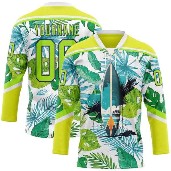 Custom Neon Yellow Neon Green Dark Purple-White Hawaii Tropical Palm Trees Hockey Lace Neck Jersey