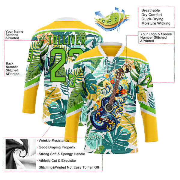 Custom Yellow Aurora Green Black-White Hawaii Tropical Palm Trees Hockey Lace Neck Jersey