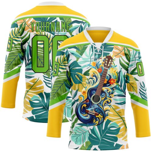 3DPattern12167 Custom Yellow Aurora Green Black-White Hawaii Tropical Palm Trees Hockey Lace Neck Jersey