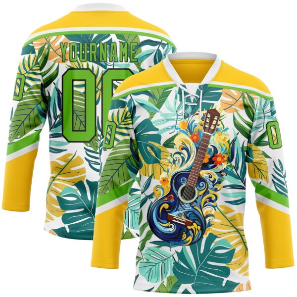Custom Yellow Aurora Green Black-White Hawaii Tropical Palm Trees Hockey Lace Neck Jersey