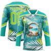Custom Aqua Neon Green-White Hawaii Tropical Palm Trees Hockey Lace Neck Jersey