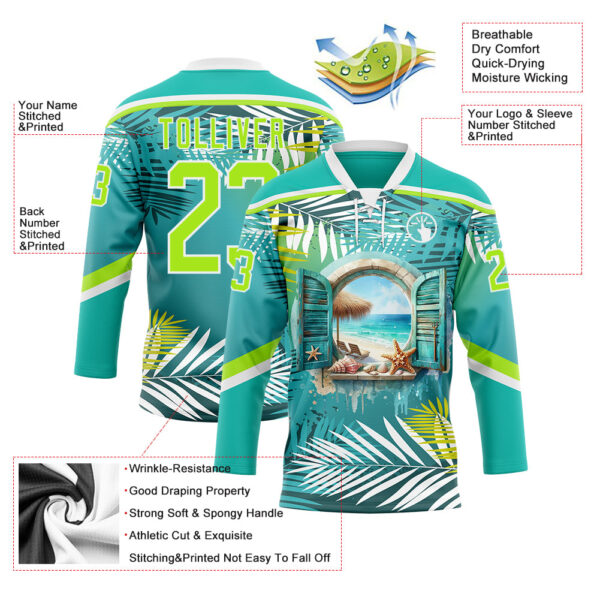 Custom Aqua Neon Green-White Hawaii Tropical Palm Trees Hockey Lace Neck Jersey