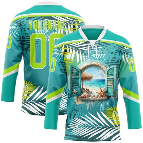 Custom Aqua Neon Green-White Hawaii Tropical Palm Trees Hockey Lace Neck Jersey