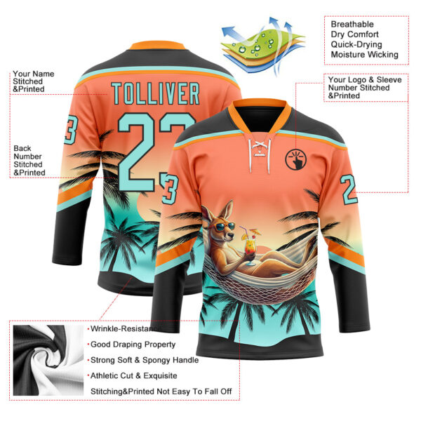 Custom Black Ice Blue-Orange Gradient Hawaii Tropical Palm Trees Hockey Lace Neck Jersey