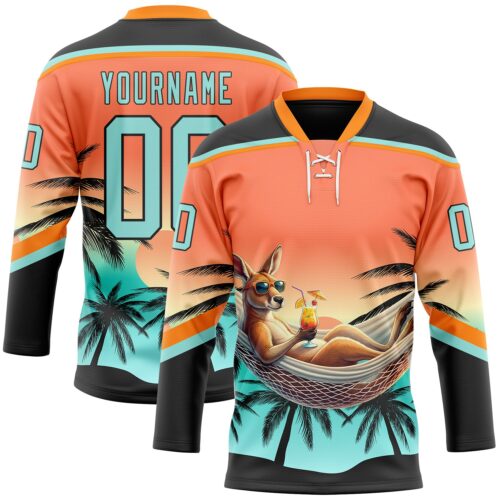 Custom Black Ice Blue-Orange Gradient Hawaii Tropical Palm Trees Hockey Lace Neck Jersey