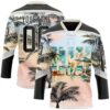 Custom Black Pink Cream-Silver Gradient Hawaii Tropical Palm Trees Hockey Lace Neck Jersey