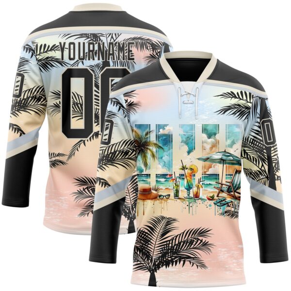 Custom Black Pink Cream-Silver Gradient Hawaii Tropical Palm Trees Hockey Lace Neck Jersey