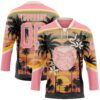 Custom Medium Pink Cream Yellow-Black Gradient Hawaii Tropical Palm Trees Hockey Lace Neck Jersey