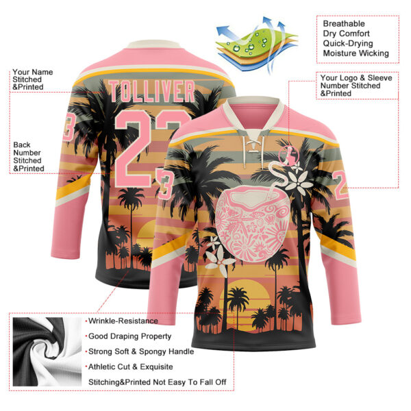 Custom Medium Pink Cream Yellow-Black Gradient Hawaii Tropical Palm Trees Hockey Lace Neck Jersey
