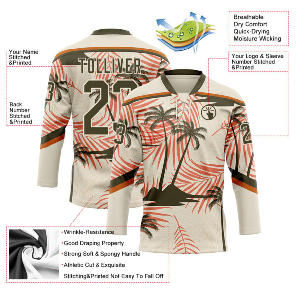 Custom Cream Olive-Texas Orange Hawaii Tropical Palm Trees Hockey Lace Neck Jersey