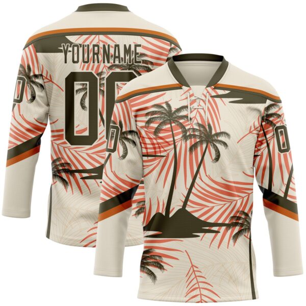 Custom Cream Olive-Texas Orange Hawaii Tropical Palm Trees Hockey Lace Neck Jersey