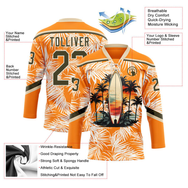 Custom Bay Orange Olive-Cream Hawaii Tropical Palm Trees Hockey Lace Neck Jersey