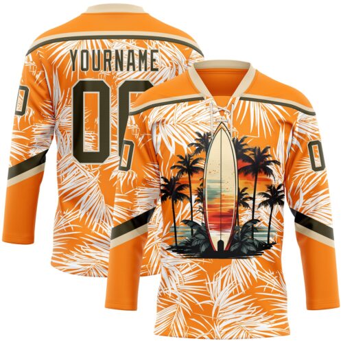 Custom Bay Orange Olive-Cream Hawaii Tropical Palm Trees Hockey Lace Neck Jersey