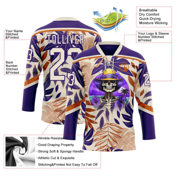 Custom Purple Cream-Texas Orange Hawaii Tropical Palm Trees Hockey Lace Neck Jersey