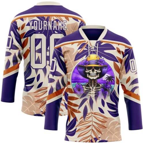 Custom Purple Cream-Texas Orange Hawaii Tropical Palm Trees Hockey Lace Neck Jersey