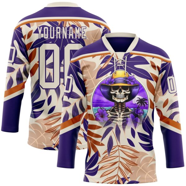 Custom Purple Cream-Texas Orange Hawaii Tropical Palm Trees Hockey Lace Neck Jersey