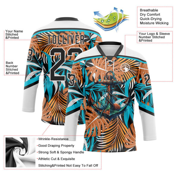 Custom White Black-Lakes Blue Hawaii Tropical Palm Trees Hockey Lace Neck Jersey
